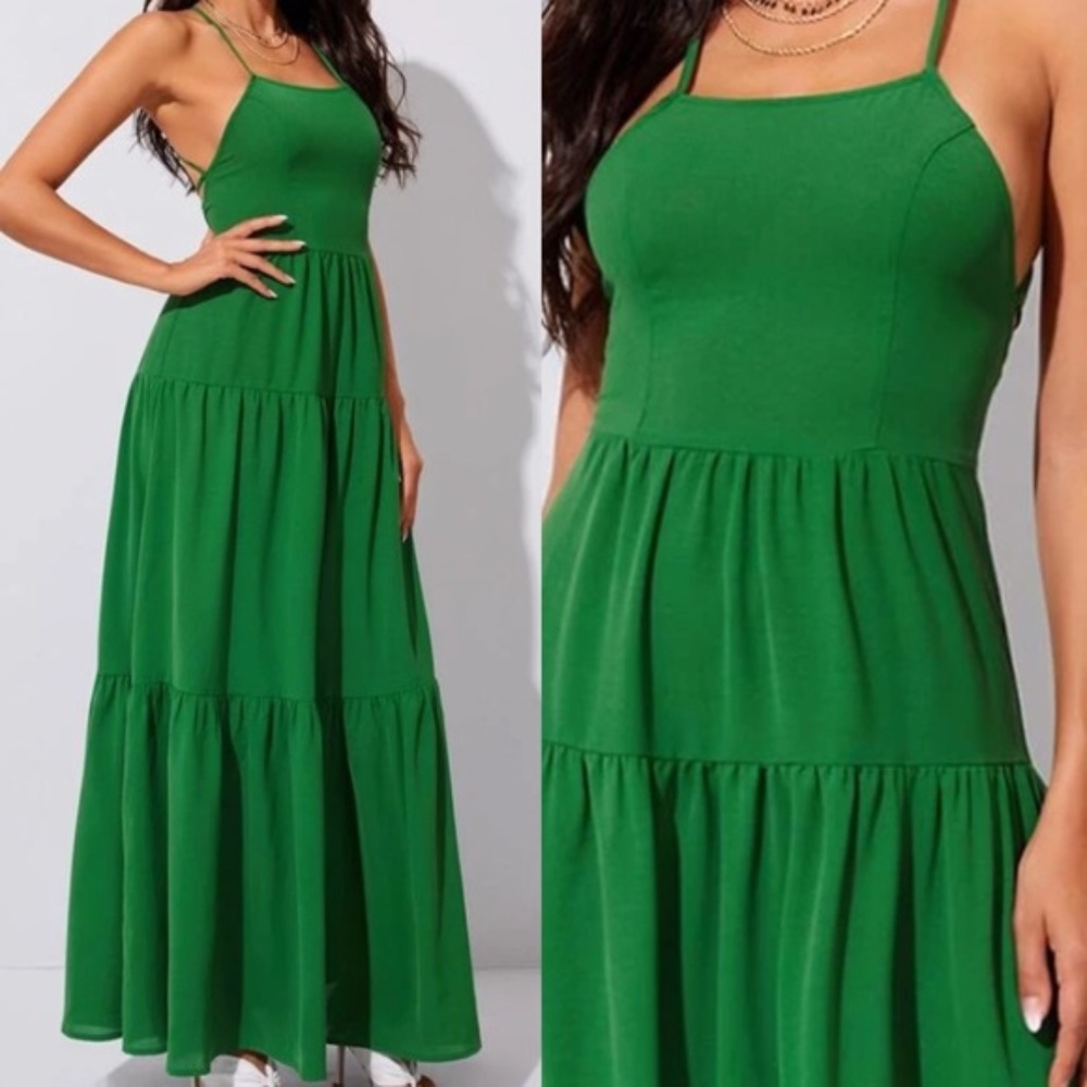 Boho Criss Cross Lace up Back Ruffle Maxi Dress - Picture 3 of 5